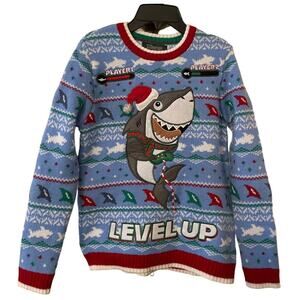 New 33 Degrees Shark Level Up Boys Size L 14-16 Blue Red Ugly Sweater